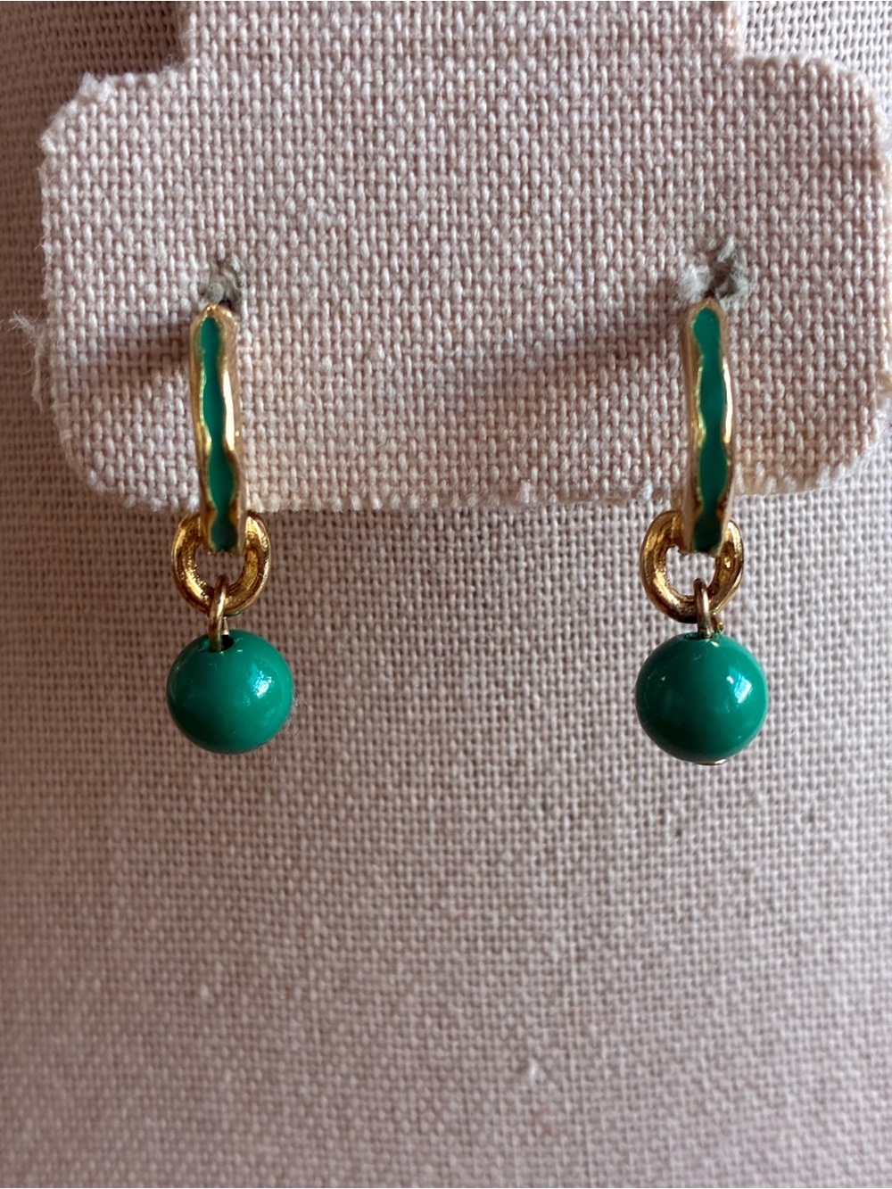Gold-Tone Hoop Earrings with Green Enamel and Green Bead Drops